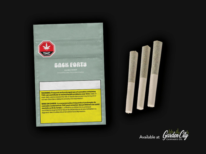 Back Forty Kush Mints Infused Pre Rolls available for free delivery in St Catharines Welland and Fort Erie  at Garden City Cannabis Co
