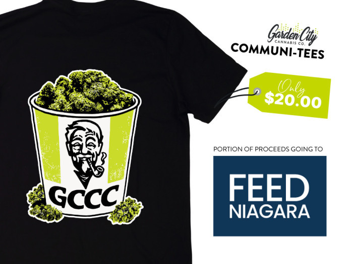 Communi T Shirts in support of FEED NIAGARA Available for purchase at Garden City Cannabis Co 