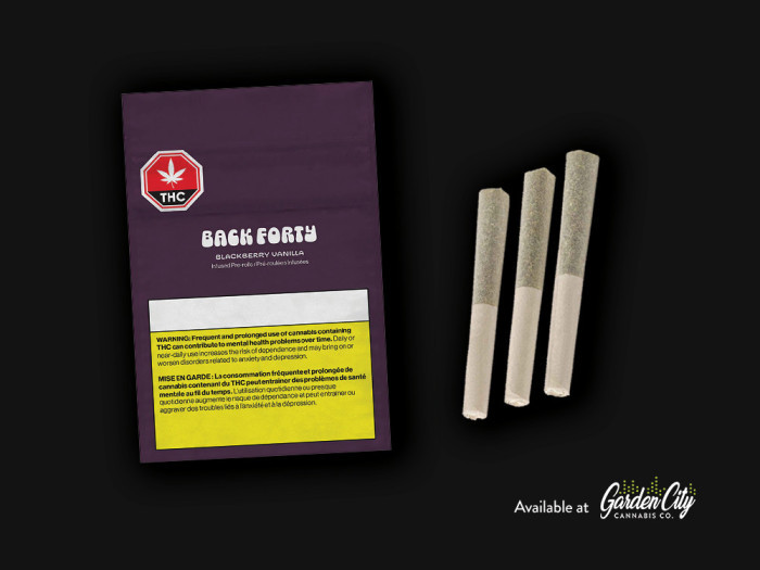 Back Forty Blackberry Vanilla Infused Pre Rolls available for free delivery in St Catharines Welland and Fort Erie at Garden City Cannabis Co