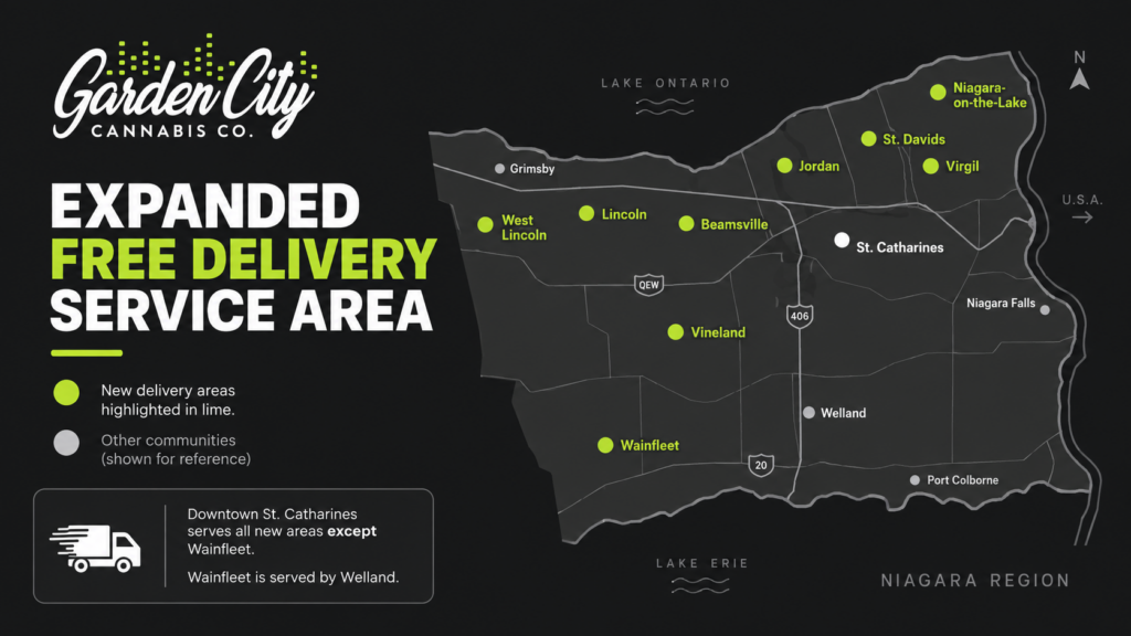 Map of expanded Garden City Cannabis Co free delivery areas across Niagara